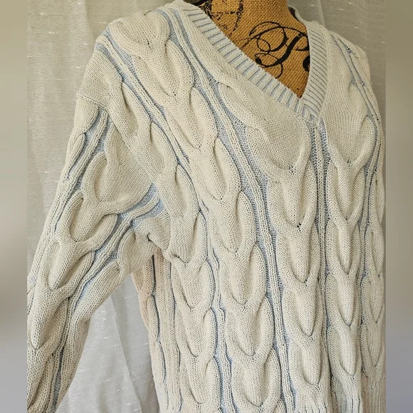 Free People Washed Cable V Neck Sweater Vintage Sky Blue Sz Small - Picture 5 of 8